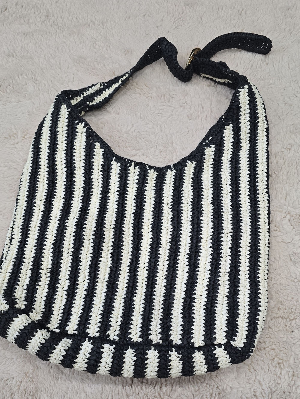 Black & White Striped Crochet Shoulder Bag